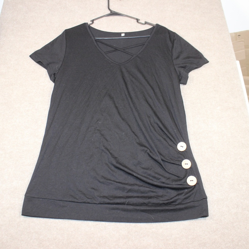 Black Criss Cross V-Neck Short Sleeve Top with Side Button Detail Size L